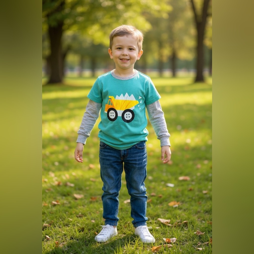 Kids Long Sleeve Dump Truck Shirt - Teal and Gray